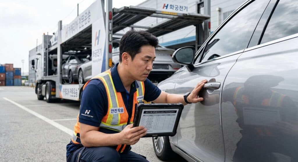 카캐리어 관련 전문 기사가 상차 전 차량 상태를 점검하는 모습