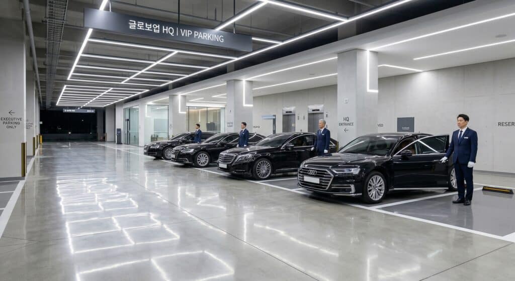 대형 오피스 빌딩 지하 주차장에서 출발 준비를 하는 임원진 차량 모습