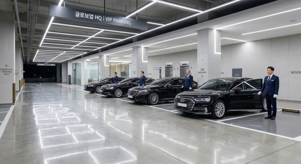 대형 오피스 빌딩 지하 주차장에서 출발 준비를 하는 임원진 차량 모습