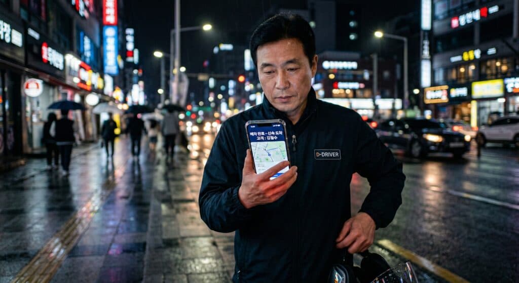대리기사 관련 스마트폰 앱으로 신속하게 배차를 받는 모습