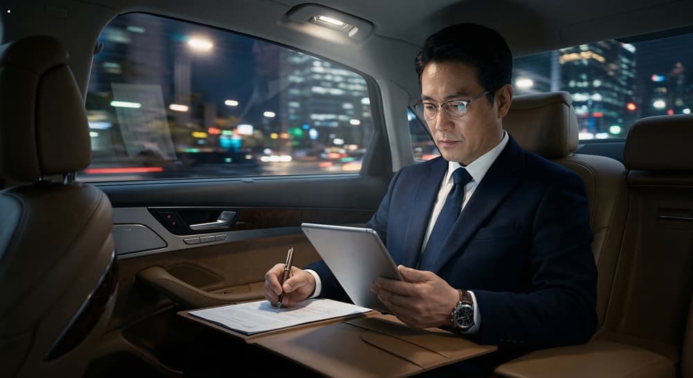 운전기사 관련 비즈니스 세단에서 업무에 집중하는 임원의 모습
