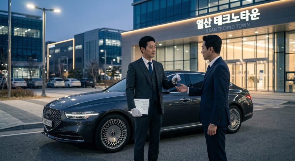 차량탁송비용 관련 일산 테크노타운에서 탁송 인계가 이루어지는 모습