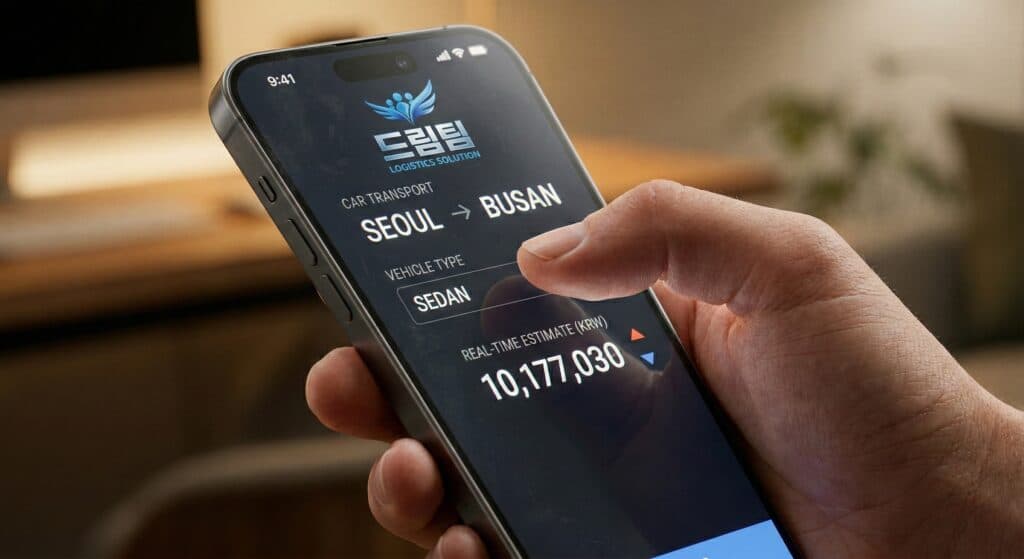 자동차탁송비용 관련 모바일 앱으로 실시간 견적을 확인하는 모습