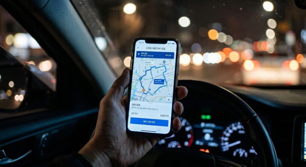 대리기사모집 관련 스마트 배차 애플리케이션을 통해 경로를 최적화하는 모습