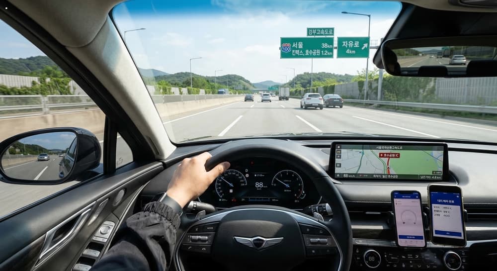 대리운전투잡 관련 안전하게 고속도로를 주행하는 1인칭 운전자 시점의 실사