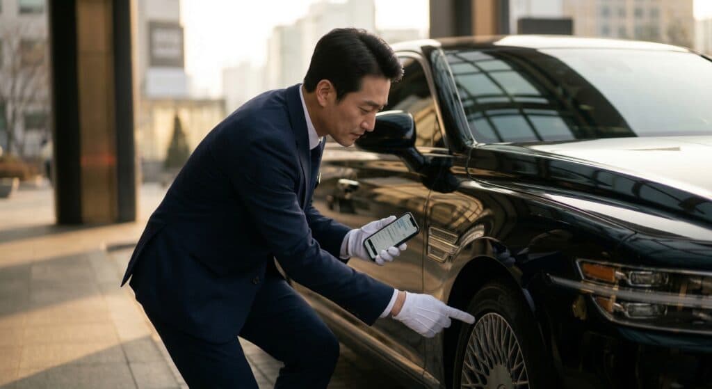 차량탁송서비스 관련 법인 고객에게 스마트폰으로 배차를 확인시켜주는 모습