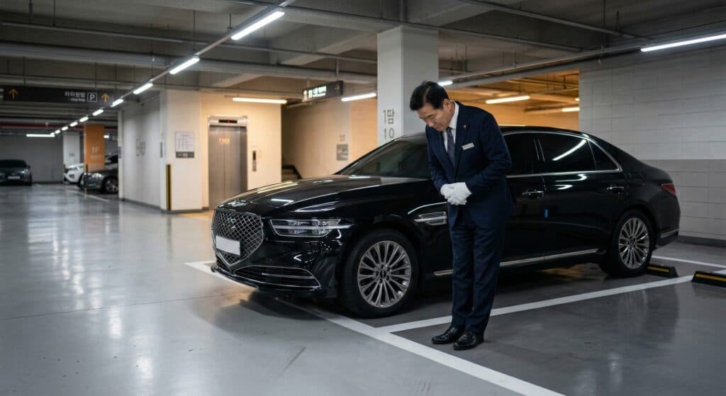 대리운전 관련 완벽하게 주차를 마무리하고 정중하게 인사하는 베테랑 기사 모습