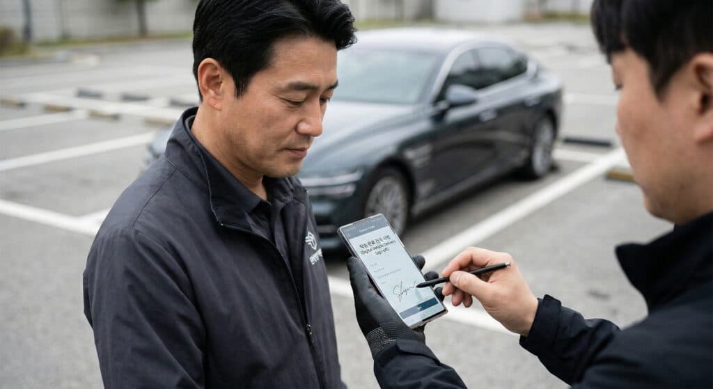 차량탁송 관련 안전하게 고객사 지하 주차장 정중앙에 도착한 법인 차량 모습