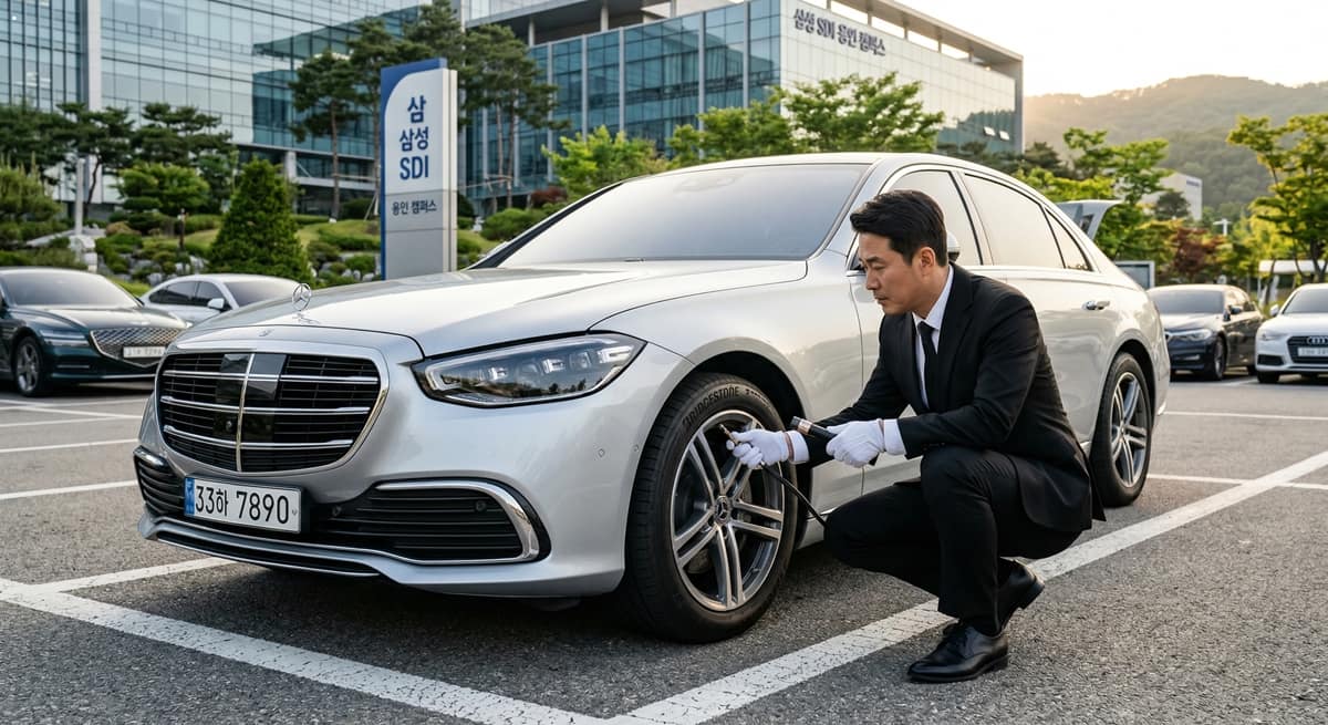 용인의 프리미엄 주차장에서 전문 드라이버(Professional Driver)가 은색 럭셔리 세단의 외관을 Meticulous Safety Check 하는 과정을 담은 8k Photorealistic 시네마틱 이미지.