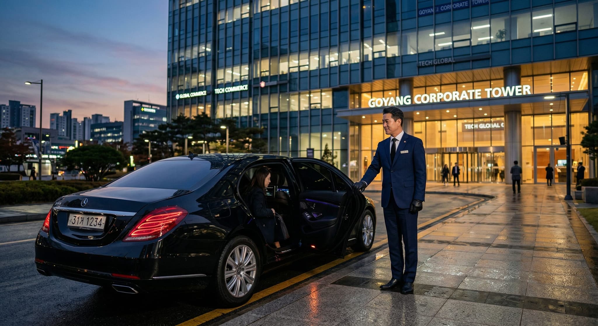 A professional Korean chauffeur in a dark suit respectfully opening the door of a luxury black sedan at dusk, showcasing premium business mobility services in a modern corporate setting.