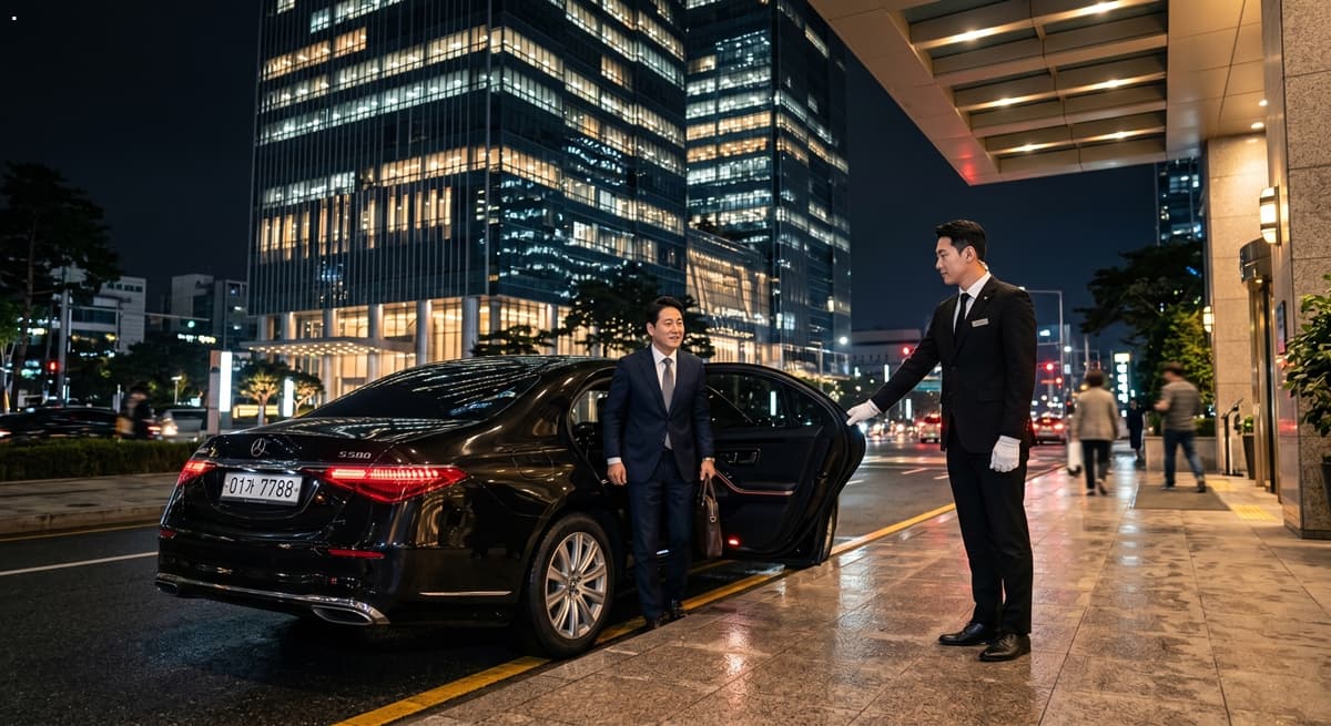 도심 Skyscraper 앞에서 Luxury Sedan의 뒷문을 여는 White gloves를 낀 Professional Chauffeur. 비즈니스 미팅과 VIP 의전을 상징하는 8k Photorealistic Cinematic image.