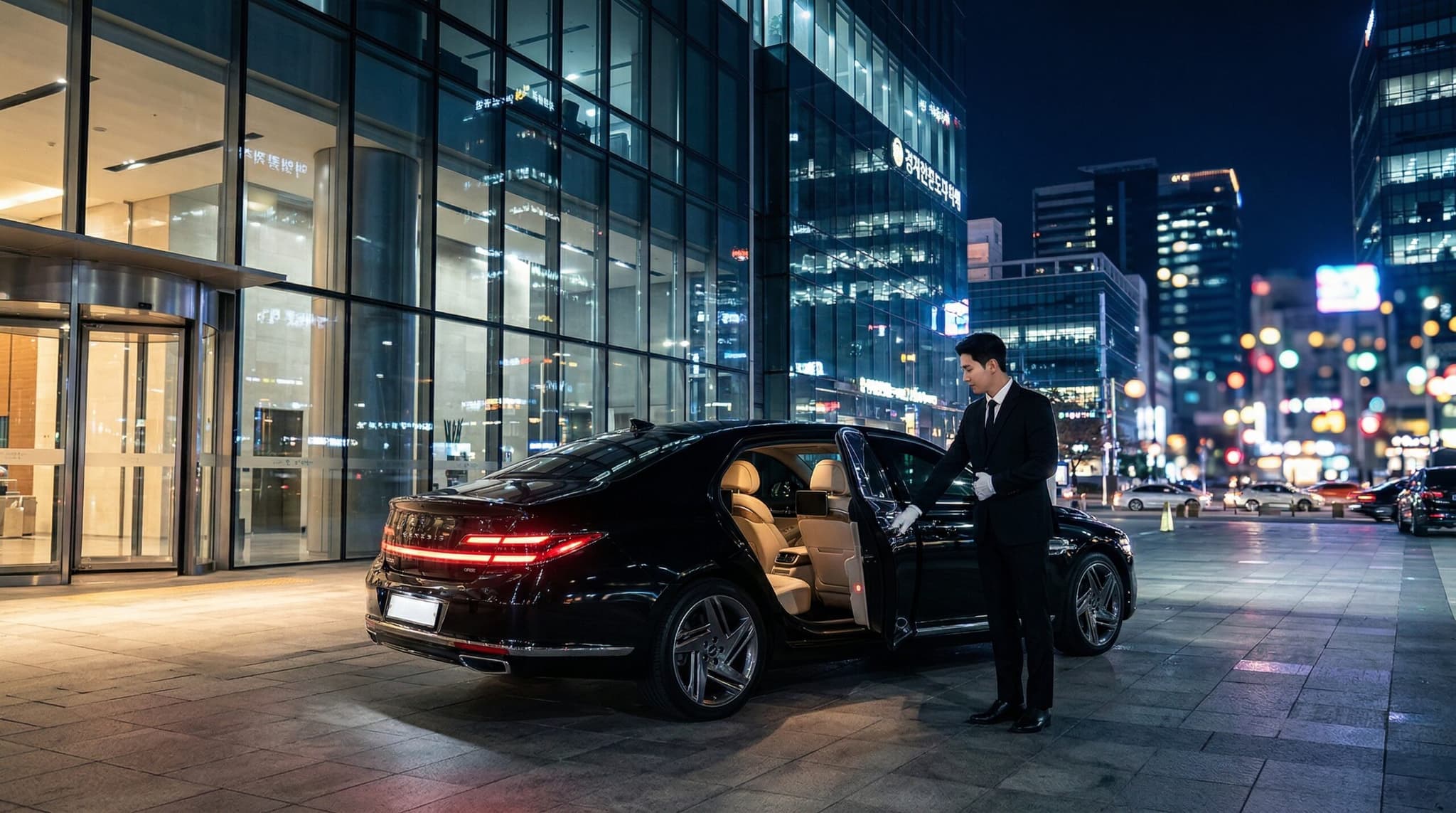 밤의 도심 마천루 앞에서 흰 장갑을 끼고 Genesis G90의 문을 여는 전문 쇼퍼의 photorealistic 8k 이미지. Cinematic lighting과 럭셔리 세단의 metallic 질감이 강조됨.