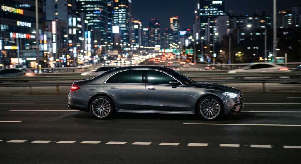 법인대리운전추천 관련 세단이 야간 주행하는 모습