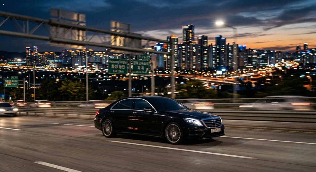 용인 화성 법인탁송 관련 고속도로를 안전하게 주행하는 프리미엄 세단의 모습