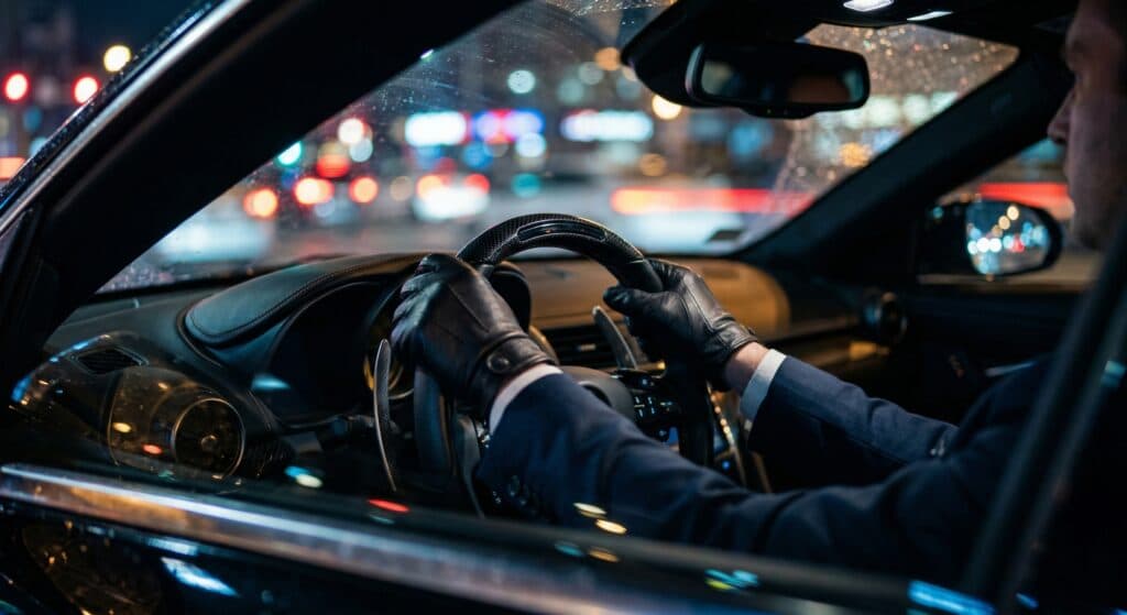 도심 야간 주행 중인 고급 세단의 안정적인 탁송 운행 모습