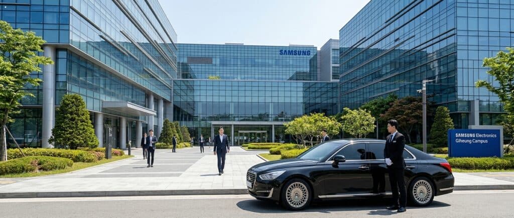 용인 화성 법인탁송 관련 반도체 산업단지 오피스 빌딩 앞에 대기 중인 의전 차량의 모습