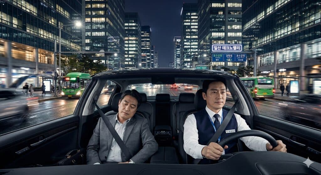 일산 법인대리운전 관련 테크노밸리 오피스 밀집 지역 야간 주행 모습