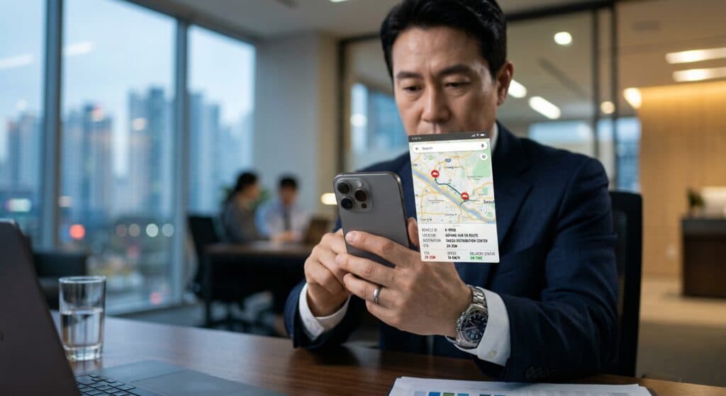 법인 탁송 전용 앱을 통해 차량 이동 경로를 확인하는 모습