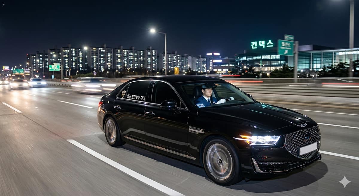 일산 자유로(Jayu-ro)를 달리는 법인대리운전(Corporate Chauffeur) 고급 세단의 야간 주행 모습. 역동적인 빛의 궤적(Light Trails)과 정밀한 PBR 기술로 구현된 고속 주행의 현장감입니다.