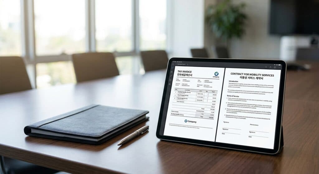 용인 화성 법인탁송 관련 법인 계약 서류와 기업 전용 서비스를 검토하는 모습
