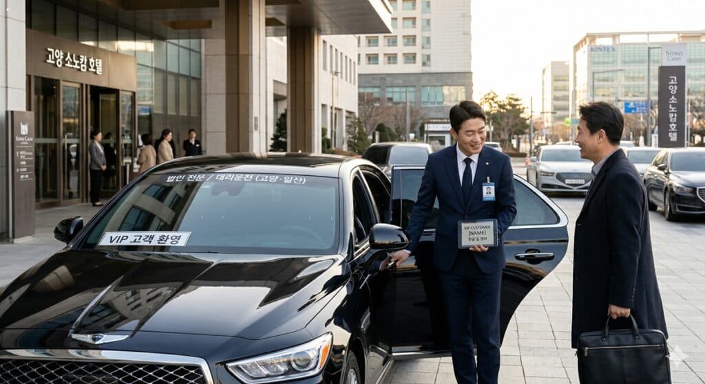 일산 법인대리운전 관련 정장을 착용한 전문 기사가 고객을 맞이하는 모습