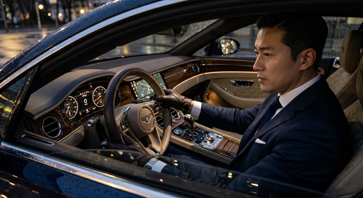 럭셔리 세단의 정교한 Nappa leather 인테리어와 대시보드 조명 아래에서 스티어링 휠을 조절하는 전문 드라이버의 모습을 담은 hyper-realistic texture 이미지.