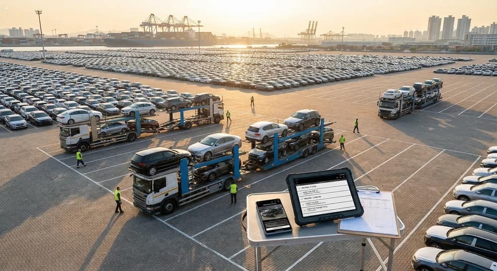 전문 드라이버가 탁송(Transport) 전 전용 스마트폰 앱을 사용하여 럭셔리 SUV의 상태를 꼼꼼히 촬영하고 있습니다. (A methodical professional driver taking a photo of a luxury SUV using a company smartphone for pre-transport inspection with realistic PBR and skin textures.)