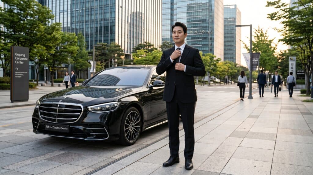 일일기사 고용 비용 관련 고급 세단 앞에서 의전을 준비하는 전문 기사의 모습