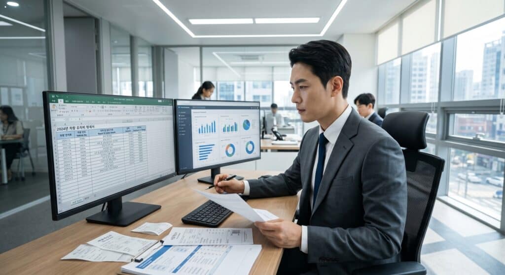 법인차량 유지비 세금계산서 발행 내역 및 차량 유지비 명세서를 검토하는 대기업 재무 담당자