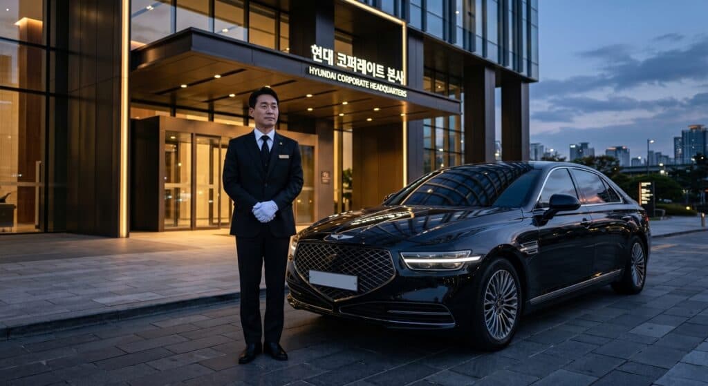 임원 전용 대리운전 서비스 관련 전문 의전 기사가 기업 본사 앞에서 대기하는 모습
