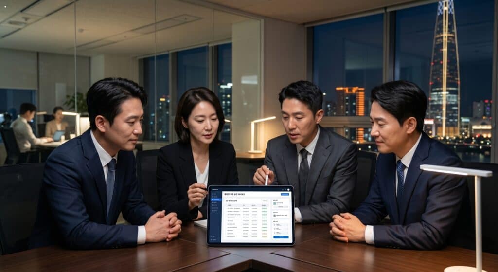법인대리운전 비용처리 관련 임원진 야간 이동 후 전자 결재를 승인하는 모습 (Corporate executives reviewing mobility expense dashboard)