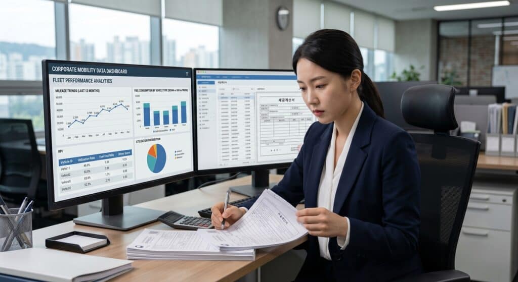 법인대리운전 비용처리 관련 재무팀이 투명한 세금계산서 내역을 검토하는 모습 (Finance team analyzing tax invoices for corporate mobility)