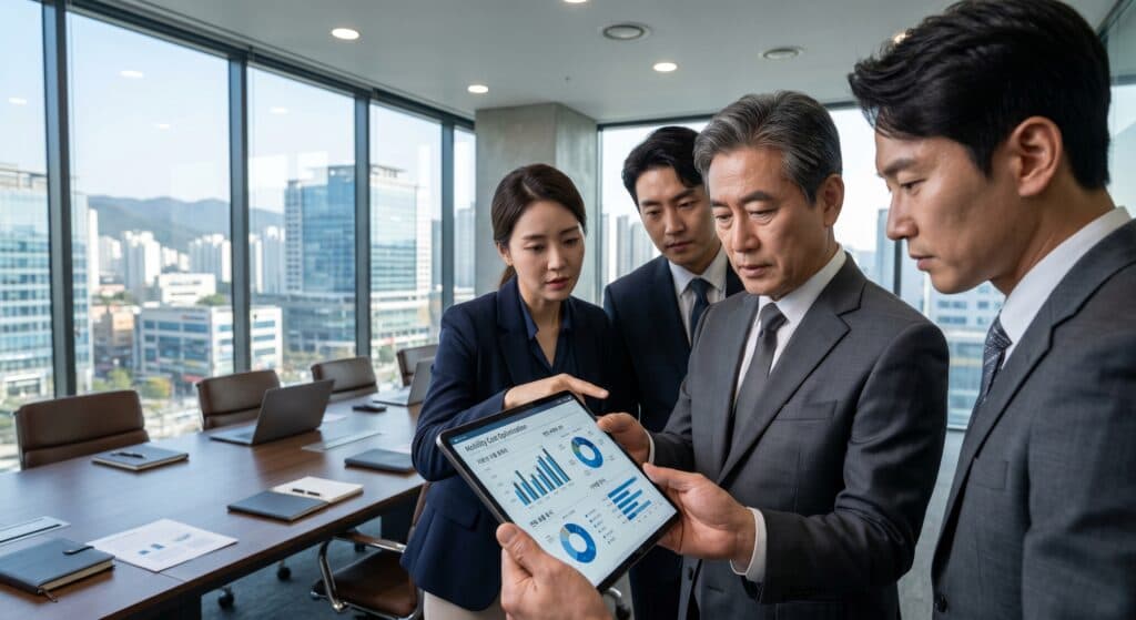 일일기사 고용 비용 관련 이사회에서 모빌리티 예산과 고정비를 분석하는 임원진의 모습