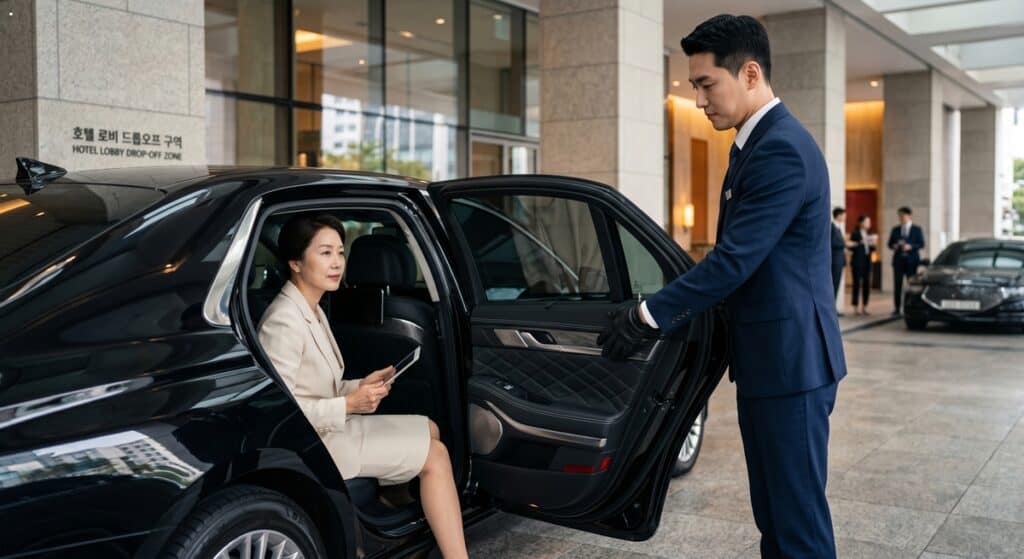 임원 전용 대리운전 서비스 관련 호텔 로비 드롭오프 구역에서 기사가 하차 의전을 수행하는 모습