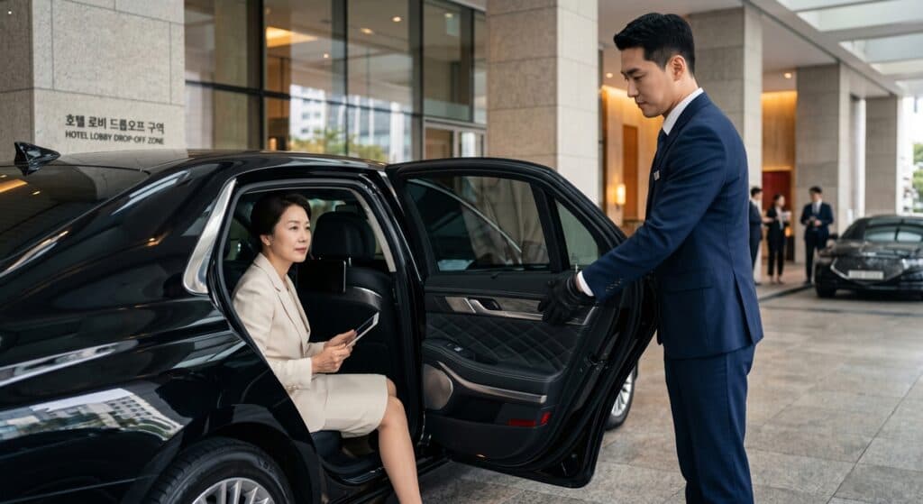 임원 전용 대리운전 서비스 관련 호텔 로비 드롭오프 구역에서 기사가 하차 의전을 수행하는 모습