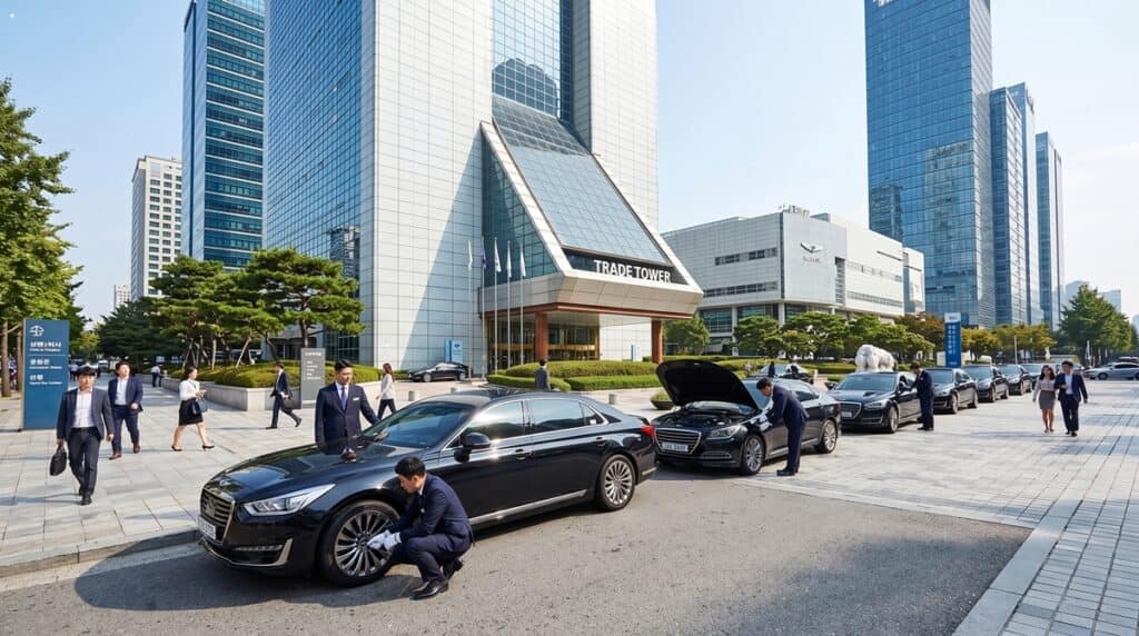 법인차량 탁송 서비스 관련 무역센터 앞 다중 차량 동시 점검 (Corporate vehicle consignment service multi-vehicle inspection at Trade Tower)