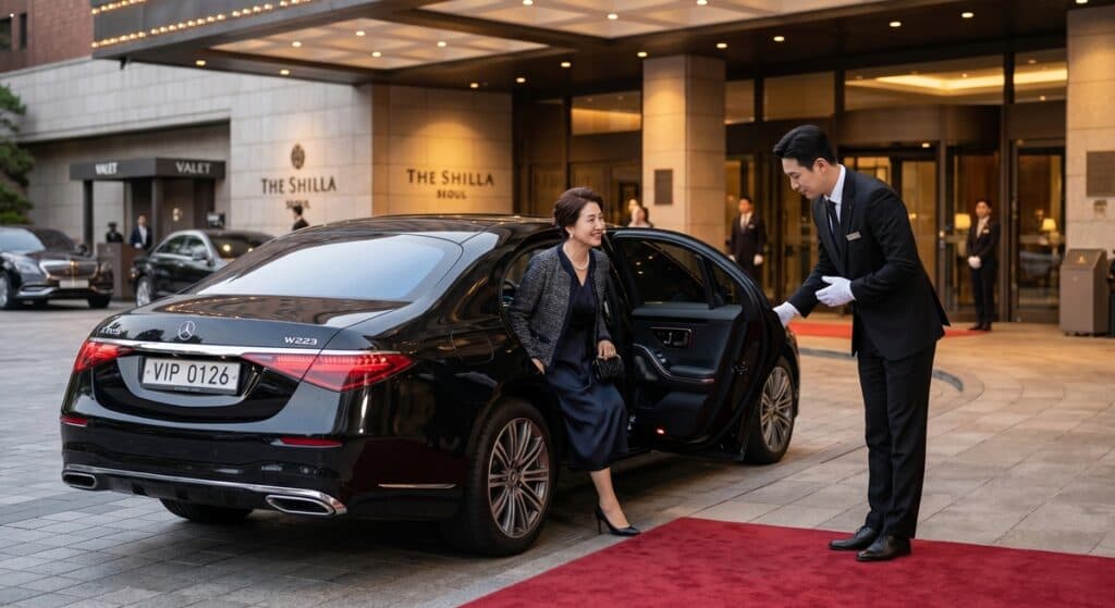 대리운전 세금계산서 발행 관련 고급 호텔에서 정장 차림의 기사가 VIP 고객의 차량 문을 열어주는 모습