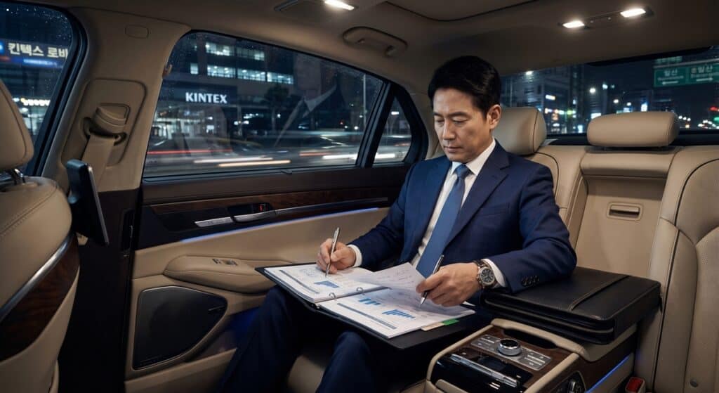 VIP 의전 차량 서비스 고급 세단 뒷좌석에서 서류를 검토하며 업무를 보는 대기업 임원 (Corporate executive reviewing business documents in the back seat of a premium sedan).