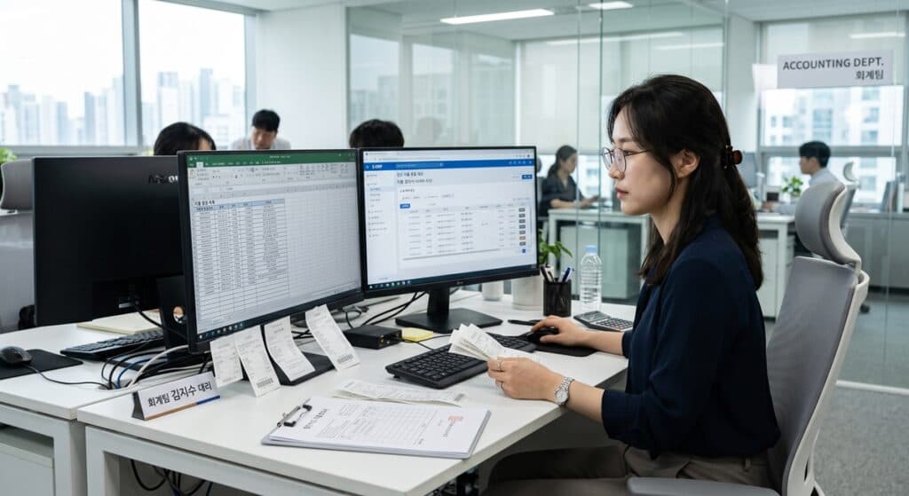 대리운전 세금계산서 발행 관련 회계팀 직원이 PC로 지출 증빙 서류를 대조하며 업무를 처리하는 모습