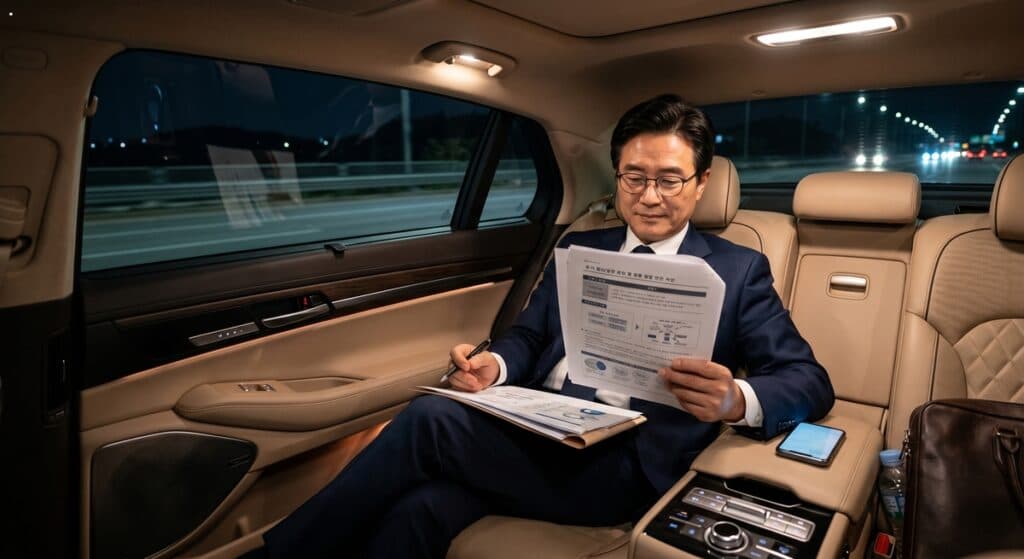 대리운전 세금계산서 발행 관련 야간 이동 중인 고급 세단 뒷좌석에서 임원이 서류를 검토하며 휴식하는 모습