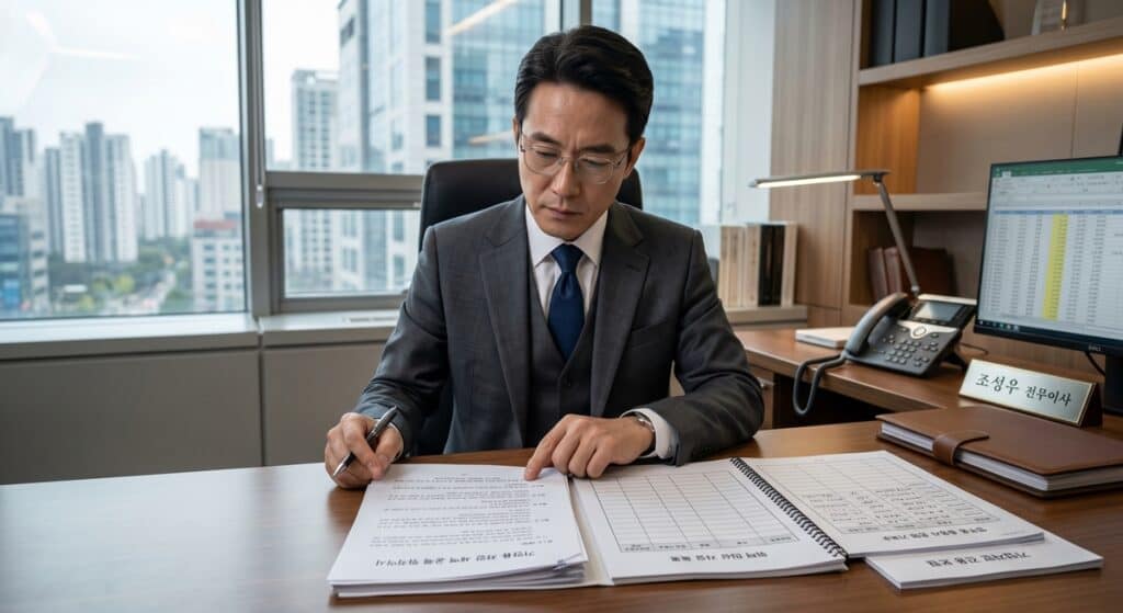업무용 승용차 세액공제 탁송 관련 재무 서류를 검토하는 임원의 모습 (Executive reviewing financial documents for corporate vehicle tax deduction consignment)