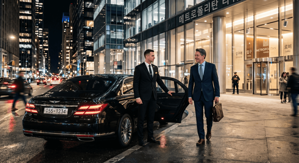 A professional chauffeur in a sharp black suit holds the door open for a businessman with a briefcase as he arrives at 'Metropolitan Tower' in Seoul at night in a luxury black Genesis G90 sedan (license plate '55-1234').