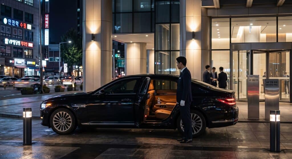 골프장 의전 대리운전 비용 관련 야간 도심에서 VIP를 에스코트하기 위해 세단 문을 열고 대기하는 전문 기사의 모습