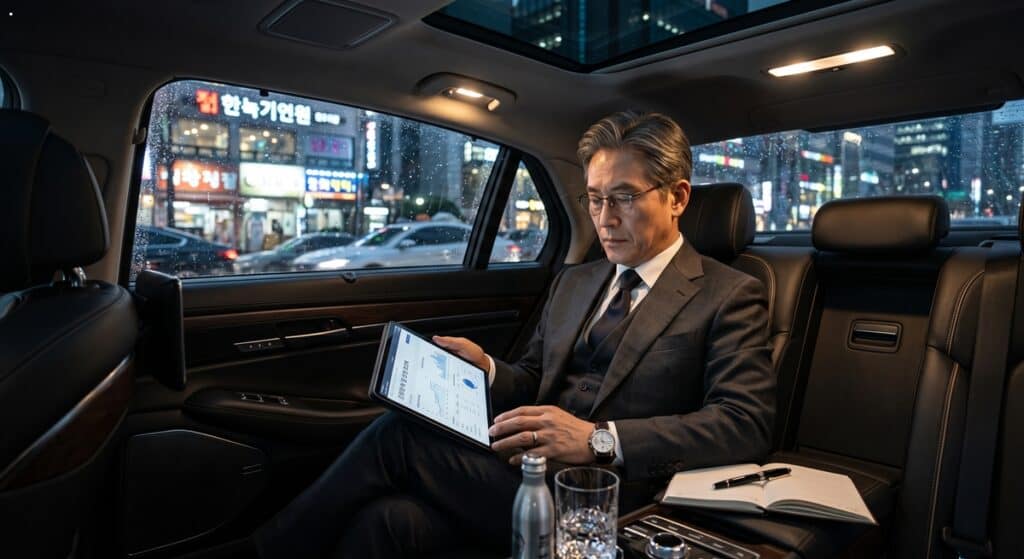 비 오는 밤, 고급 세단 뒷좌석에서 태블릿으로 업무를 확인하는 중년 임원. Chauffeur service for busy executives during a rainy night.