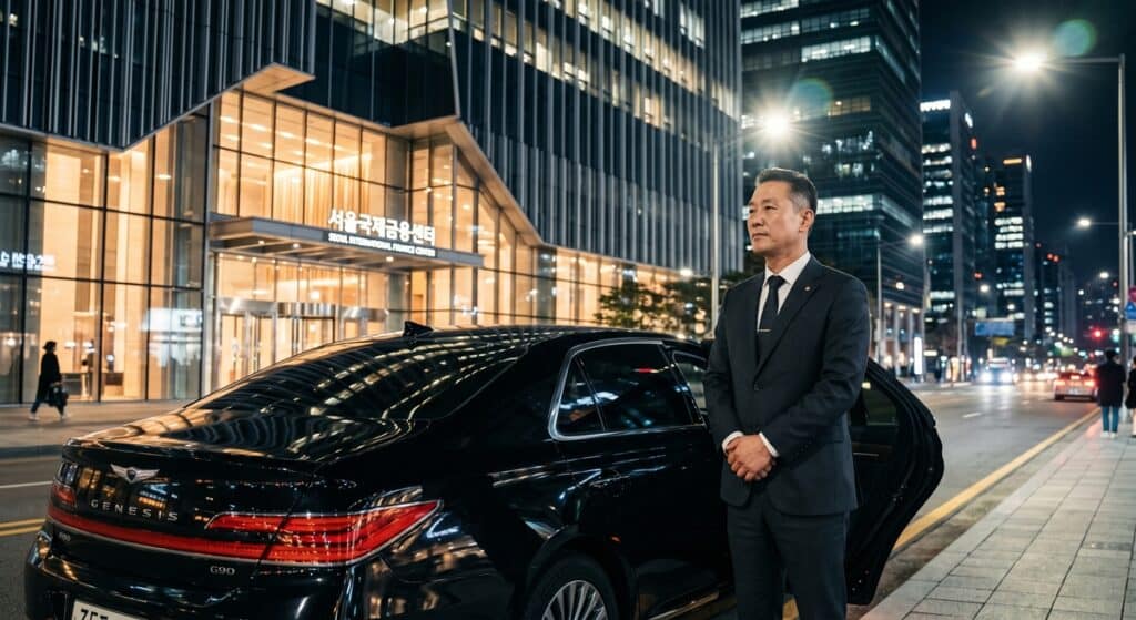 임원 전담 대리운전 관련 서울국제금융센터 사옥 앞 야간 대기하는 전문 기사의 모습 (Professional chauffeur waiting at night)
