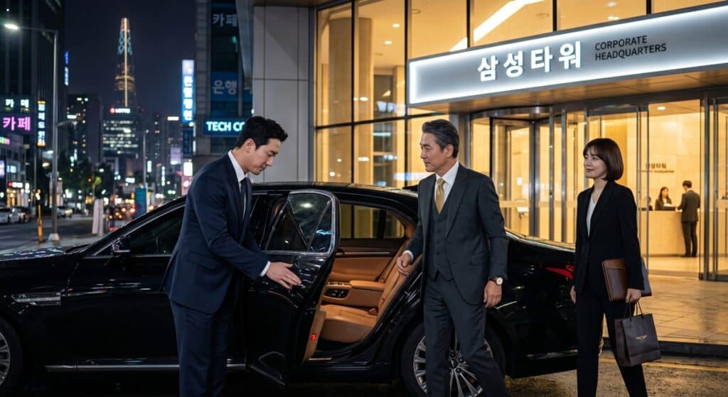 월 후불 대리운전 관련 야간 비즈니스 미팅 후 VIP 임원진이 프리미엄 의전 차량에 탑승하는 모습 (Corporate executives boarding a luxury sedan at night)