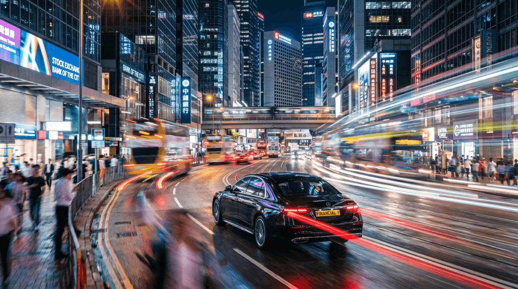 A dynamic long-exposure shot of a black Mercedes-Benz S-Class sedan with license plate 'FINANCIAL 1' driving through a bustling financial district at night. Light trails from surrounding traffic fill the streets.