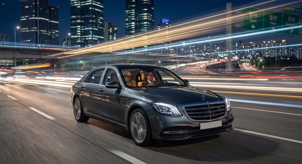 법인 기사 파견 관련 최고급 세단이 야간 도심을 주행하는 모습 (Premium luxury sedan driving at night)