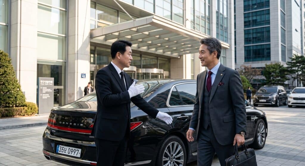 현대적인 빌딩 앞에서 흰 장갑을 낀 운전기사가 임원에게 고급 세단 G90의 문을 열어주고 있다. professional chauffeur service in front of a modern building.
