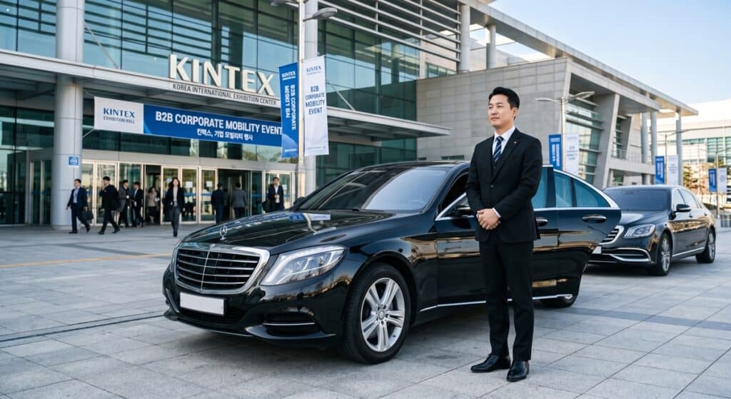 일일 수행기사 관련 정장 차림의 전문 기사가 고양시 킨텍스(KINTEX) 행사장 앞에서 의전 차량과 함께 대기하는 모습 (Professional daily chauffeur waiting by a premium sedan at KINTEX exhibition center)